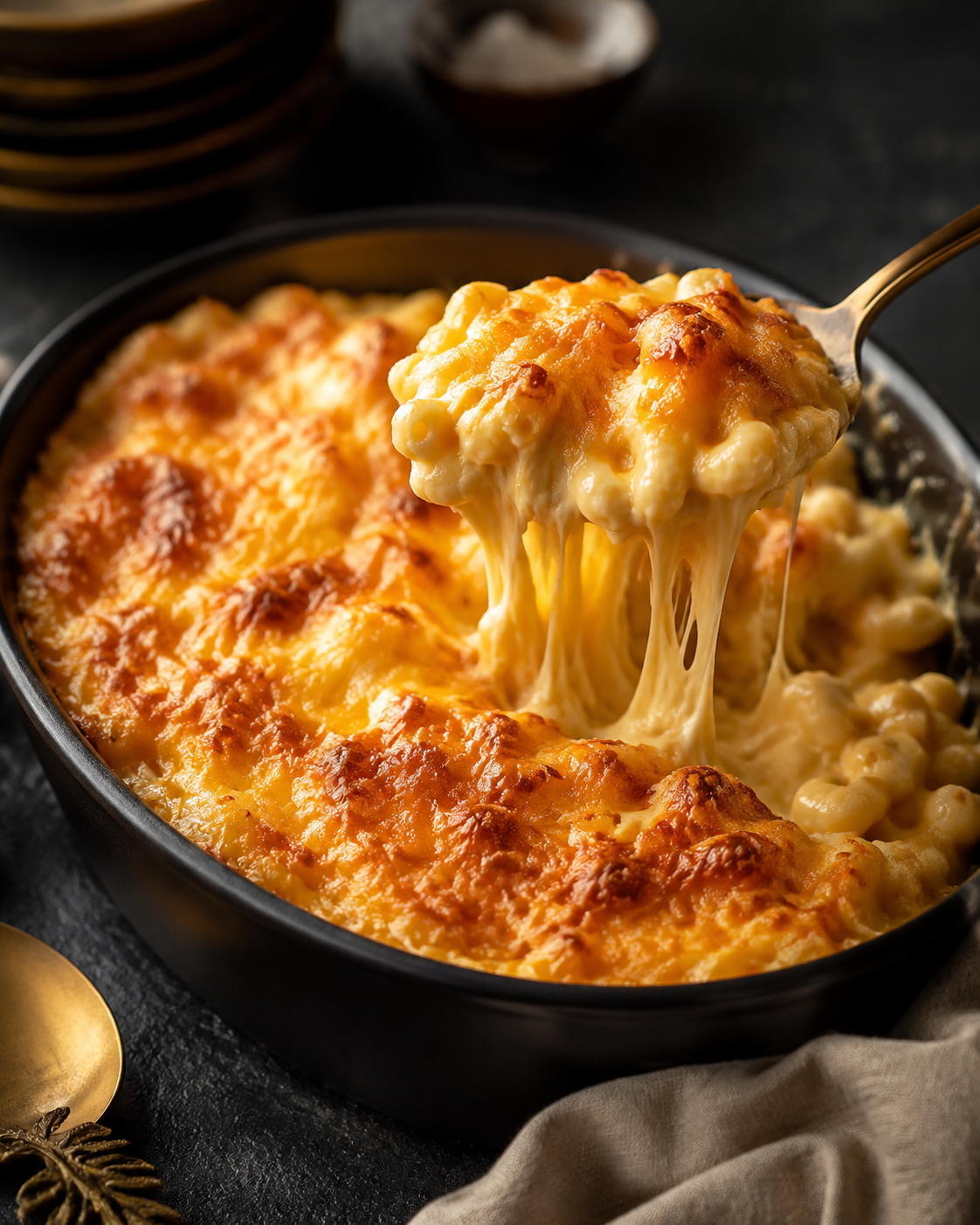 Golden baked macaroni and cheese with a stretchy cheese pull
