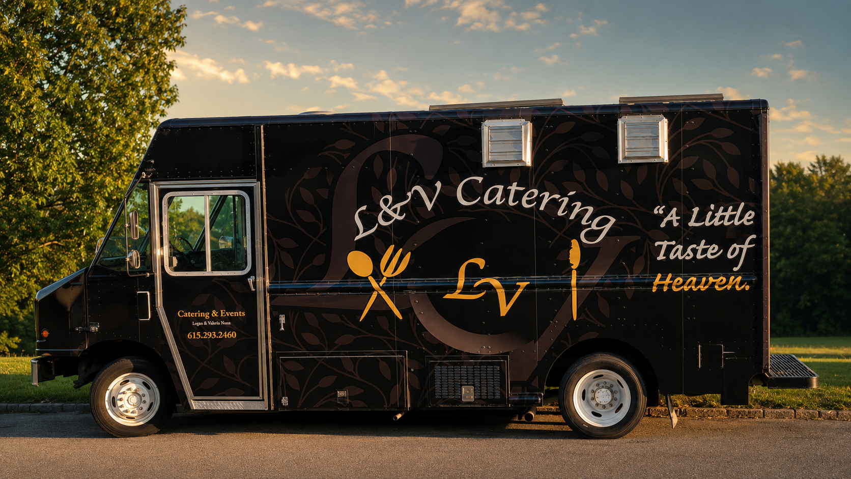The L & V Catering food truck, side view