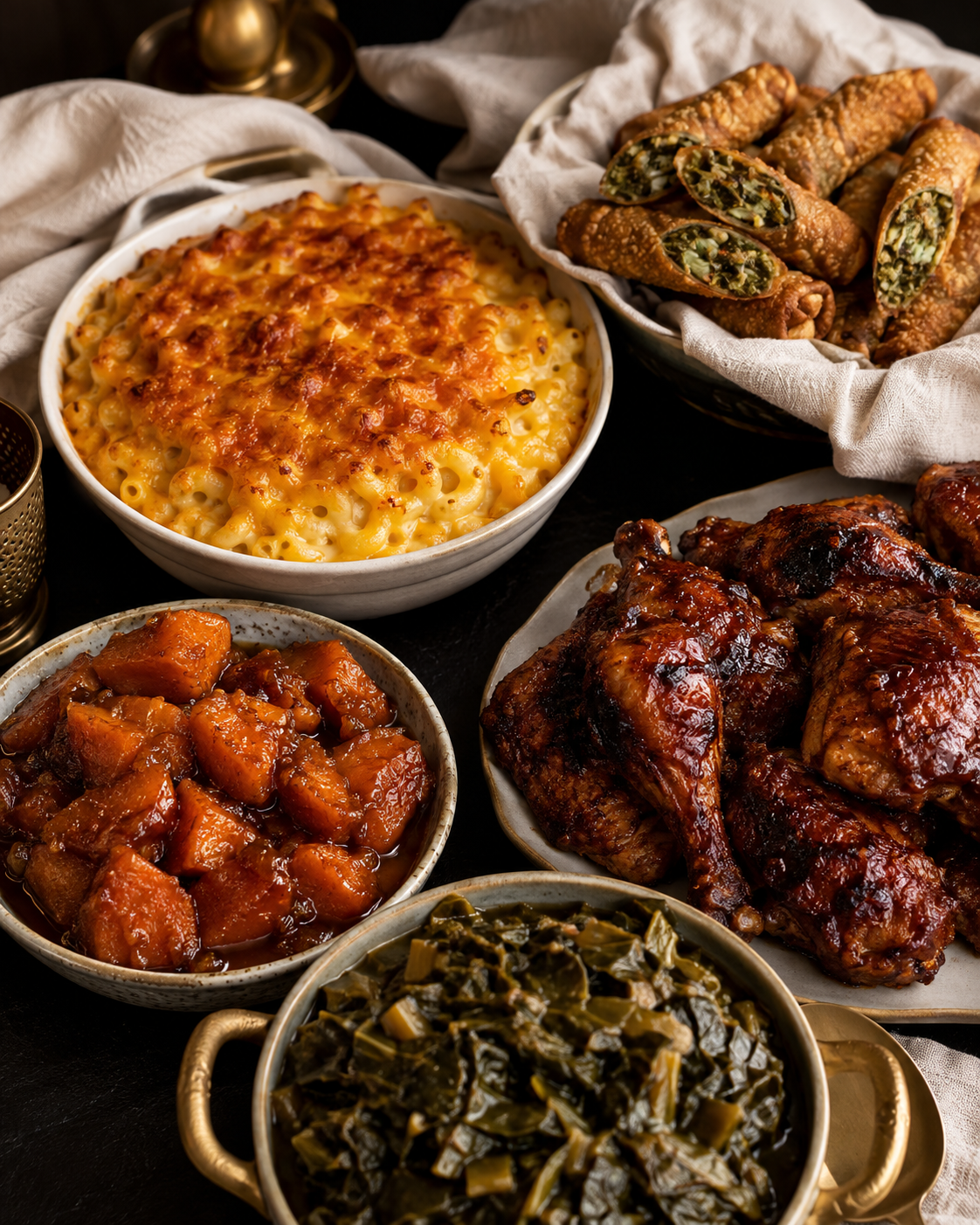 A full L & V soul food spread with baked macaroni and cheese, jerk chicken, candied yams and greens