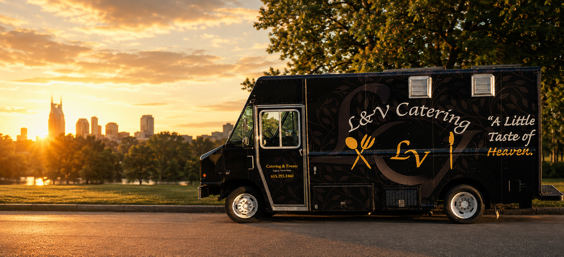 The L & V Catering truck with the Nashville skyline at golden hour